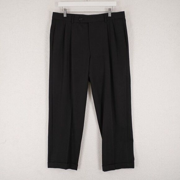 Brooks Brothers Wool Pleated Cuffed Mid Rise Black Dress Pants 35/29 Lined Parti - Picture 1 of 6